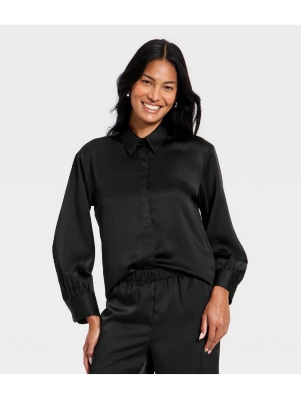 A New Day Long Sleeve Button Up Satin Blouse S Black NEW